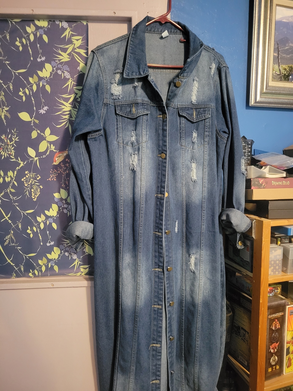 Long Distressed Denim Jean Jacket - Blue